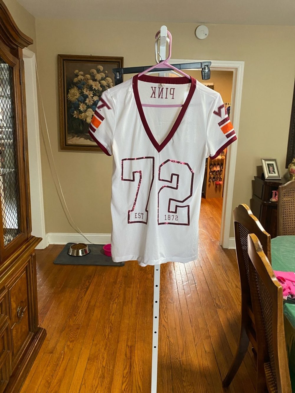 PINK Victoria's Secret White and Burgundy Mesh V-Neck Jersey